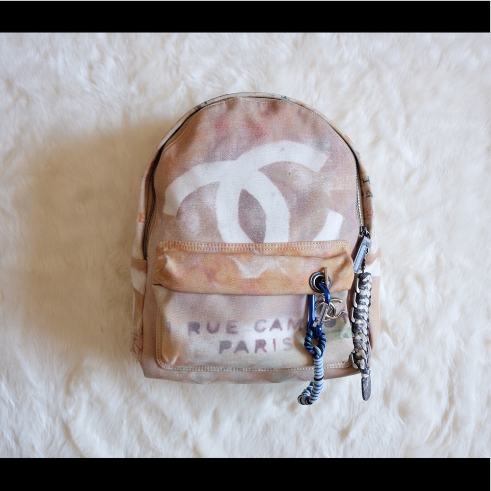 Auth Chanel Beige Graffiti Limited Medium Backpack